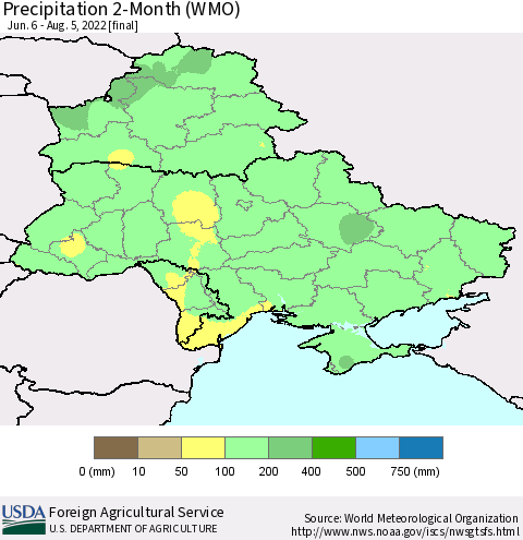 Ukraine, Moldova and Belarus Precipitation 2-Month (WMO) Thematic Map For 6/6/2022 - 8/5/2022