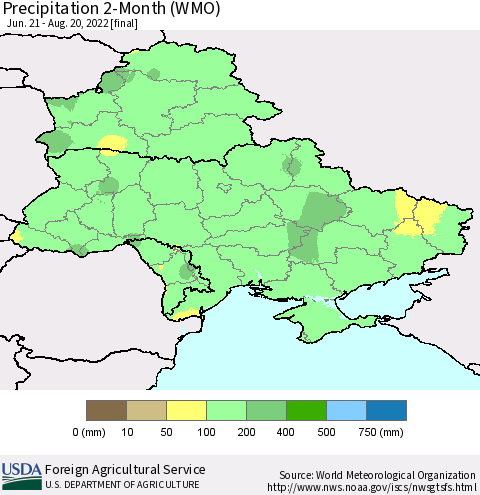 Ukraine, Moldova and Belarus Precipitation 2-Month (WMO) Thematic Map For 6/21/2022 - 8/20/2022