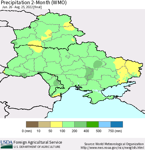 Ukraine, Moldova and Belarus Precipitation 2-Month (WMO) Thematic Map For 6/26/2022 - 8/25/2022