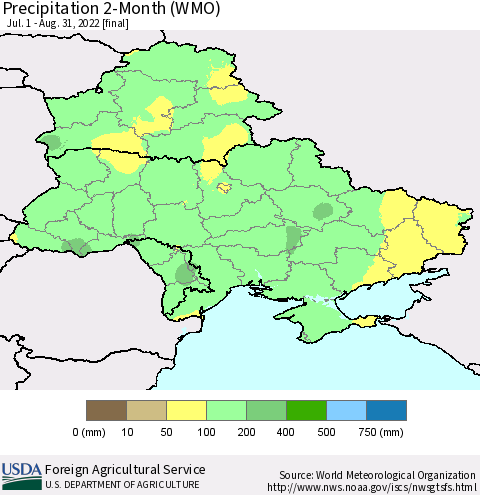 Ukraine, Moldova and Belarus Precipitation 2-Month (WMO) Thematic Map For 7/1/2022 - 8/31/2022