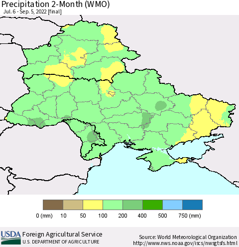 Ukraine, Moldova and Belarus Precipitation 2-Month (WMO) Thematic Map For 7/6/2022 - 9/5/2022