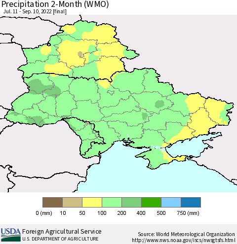 Ukraine, Moldova and Belarus Precipitation 2-Month (WMO) Thematic Map For 7/11/2022 - 9/10/2022