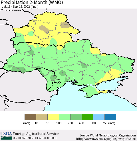 Ukraine, Moldova and Belarus Precipitation 2-Month (WMO) Thematic Map For 7/16/2022 - 9/15/2022