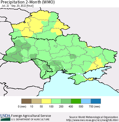 Ukraine, Moldova and Belarus Precipitation 2-Month (WMO) Thematic Map For 7/21/2022 - 9/20/2022
