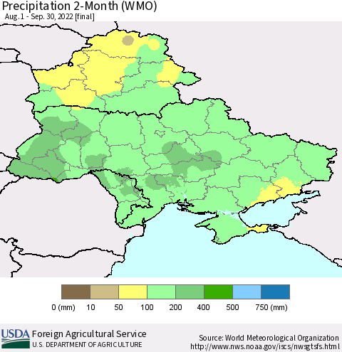 Ukraine, Moldova and Belarus Precipitation 2-Month (WMO) Thematic Map For 8/1/2022 - 9/30/2022