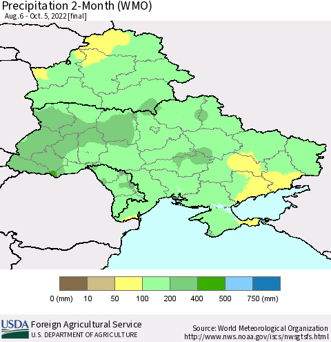 Ukraine, Moldova and Belarus Precipitation 2-Month (WMO) Thematic Map For 8/6/2022 - 10/5/2022