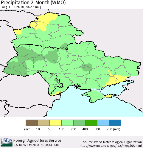 Ukraine, Moldova and Belarus Precipitation 2-Month (WMO) Thematic Map For 8/11/2022 - 10/10/2022