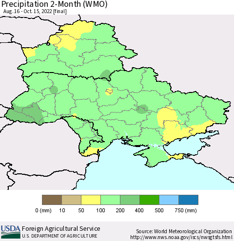 Ukraine, Moldova and Belarus Precipitation 2-Month (WMO) Thematic Map For 8/16/2022 - 10/15/2022