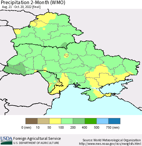 Ukraine, Moldova and Belarus Precipitation 2-Month (WMO) Thematic Map For 8/21/2022 - 10/20/2022