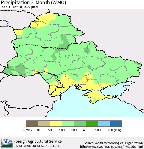 Ukraine, Moldova and Belarus Precipitation 2-Month (WMO) Thematic Map For 9/1/2022 - 10/31/2022