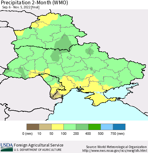 Ukraine, Moldova and Belarus Precipitation 2-Month (WMO) Thematic Map For 9/6/2022 - 11/5/2022