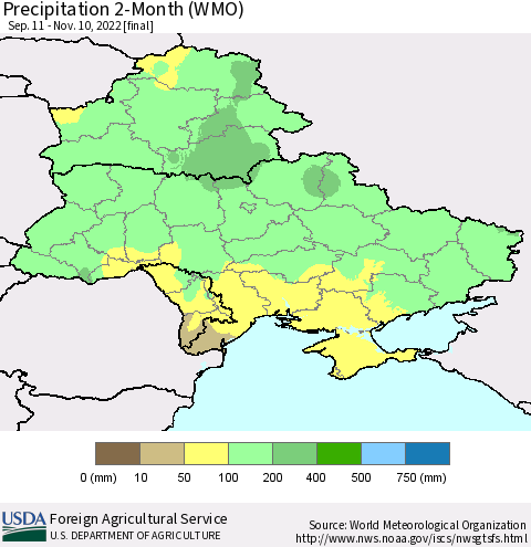Ukraine, Moldova and Belarus Precipitation 2-Month (WMO) Thematic Map For 9/11/2022 - 11/10/2022