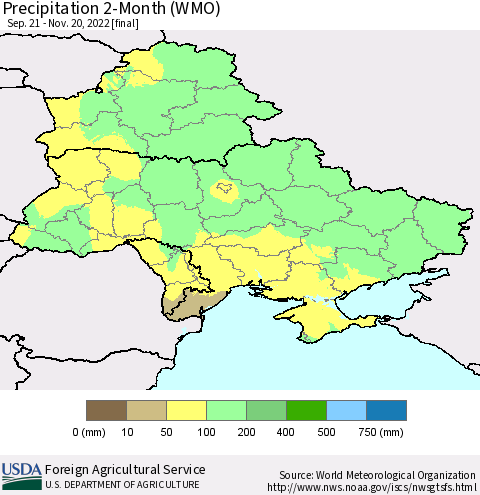 Ukraine, Moldova and Belarus Precipitation 2-Month (WMO) Thematic Map For 9/21/2022 - 11/20/2022