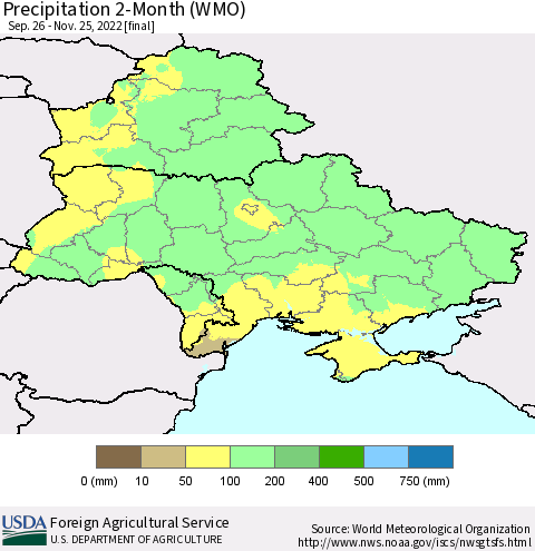 Ukraine, Moldova and Belarus Precipitation 2-Month (WMO) Thematic Map For 9/26/2022 - 11/25/2022