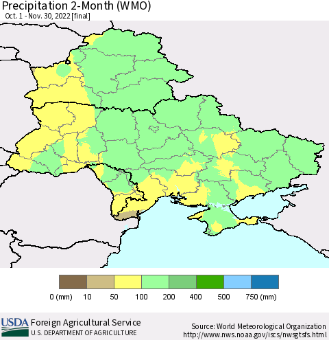 Ukraine, Moldova and Belarus Precipitation 2-Month (WMO) Thematic Map For 10/1/2022 - 11/30/2022