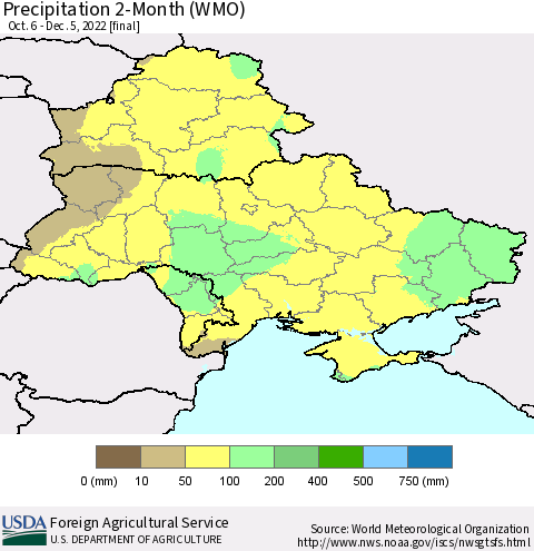 Ukraine, Moldova and Belarus Precipitation 2-Month (WMO) Thematic Map For 10/6/2022 - 12/5/2022