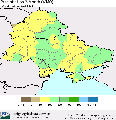 Ukraine, Moldova and Belarus Precipitation 2-Month (WMO) Thematic Map For 10/11/2022 - 12/10/2022