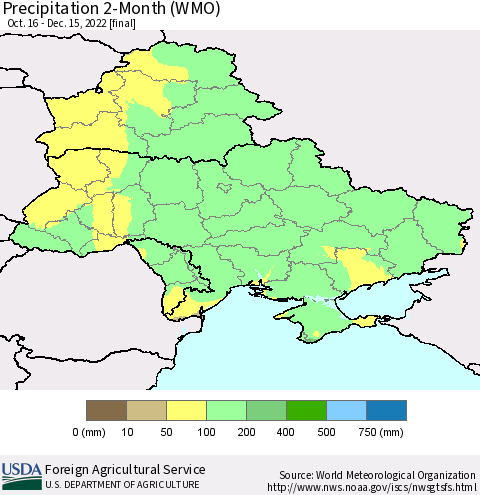 Ukraine, Moldova and Belarus Precipitation 2-Month (WMO) Thematic Map For 10/16/2022 - 12/15/2022