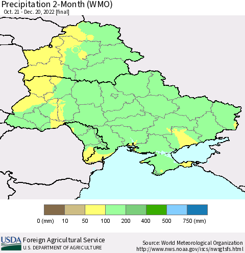 Ukraine, Moldova and Belarus Precipitation 2-Month (WMO) Thematic Map For 10/21/2022 - 12/20/2022
