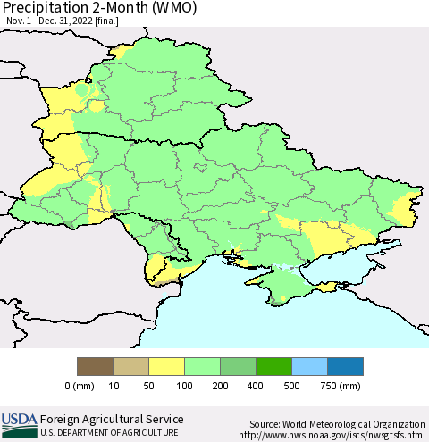 Ukraine, Moldova and Belarus Precipitation 2-Month (WMO) Thematic Map For 11/1/2022 - 12/31/2022