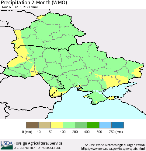 Ukraine, Moldova and Belarus Precipitation 2-Month (WMO) Thematic Map For 11/6/2022 - 1/5/2023