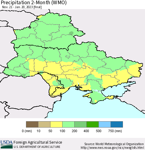 Ukraine, Moldova and Belarus Precipitation 2-Month (WMO) Thematic Map For 11/21/2022 - 1/20/2023