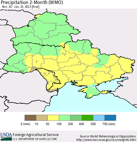 Ukraine, Moldova and Belarus Precipitation 2-Month (WMO) Thematic Map For 11/26/2022 - 1/25/2023