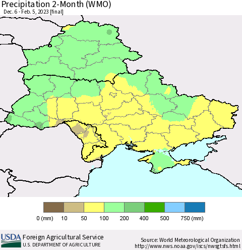 Ukraine, Moldova and Belarus Precipitation 2-Month (WMO) Thematic Map For 12/6/2022 - 2/5/2023