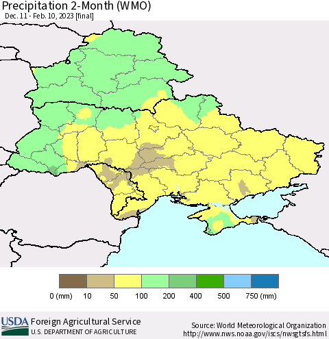 Ukraine, Moldova and Belarus Precipitation 2-Month (WMO) Thematic Map For 12/11/2022 - 2/10/2023