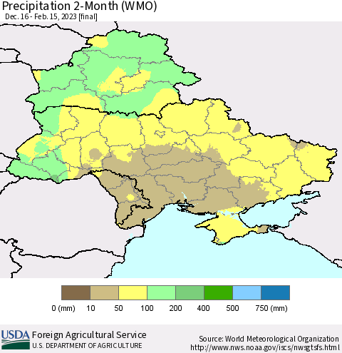 Ukraine, Moldova and Belarus Precipitation 2-Month (WMO) Thematic Map For 12/16/2022 - 2/15/2023