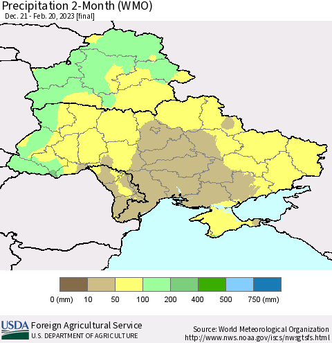 Ukraine, Moldova and Belarus Precipitation 2-Month (WMO) Thematic Map For 12/21/2022 - 2/20/2023