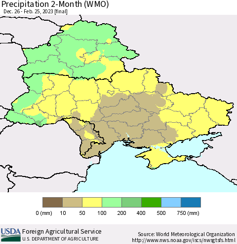 Ukraine, Moldova and Belarus Precipitation 2-Month (WMO) Thematic Map For 12/26/2022 - 2/25/2023