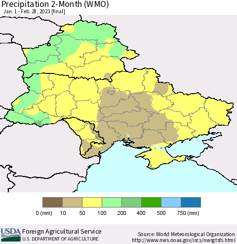 Ukraine, Moldova and Belarus Precipitation 2-Month (WMO) Thematic Map For 1/1/2023 - 2/28/2023