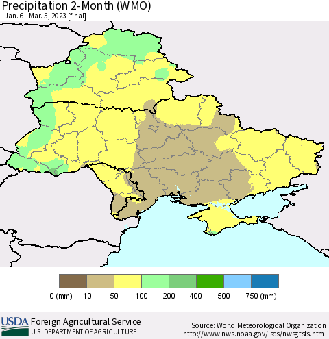 Ukraine, Moldova and Belarus Precipitation 2-Month (WMO) Thematic Map For 1/6/2023 - 3/5/2023