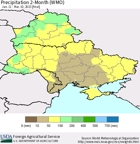 Ukraine, Moldova and Belarus Precipitation 2-Month (WMO) Thematic Map For 1/11/2023 - 3/10/2023