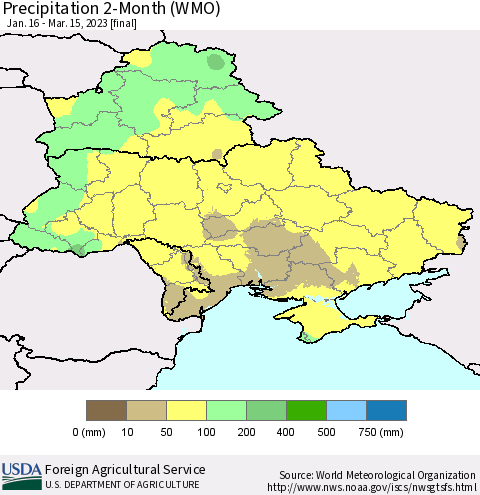 Ukraine, Moldova and Belarus Precipitation 2-Month (WMO) Thematic Map For 1/16/2023 - 3/15/2023