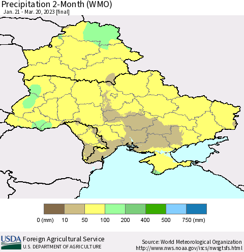 Ukraine, Moldova and Belarus Precipitation 2-Month (WMO) Thematic Map For 1/21/2023 - 3/20/2023