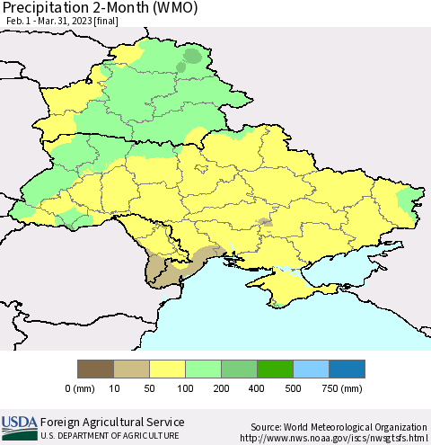 Ukraine, Moldova and Belarus Precipitation 2-Month (WMO) Thematic Map For 2/1/2023 - 3/31/2023