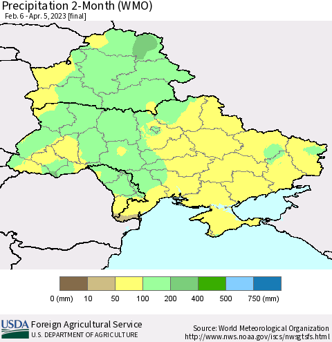 Ukraine, Moldova and Belarus Precipitation 2-Month (WMO) Thematic Map For 2/6/2023 - 4/5/2023