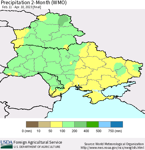 Ukraine, Moldova and Belarus Precipitation 2-Month (WMO) Thematic Map For 2/11/2023 - 4/10/2023