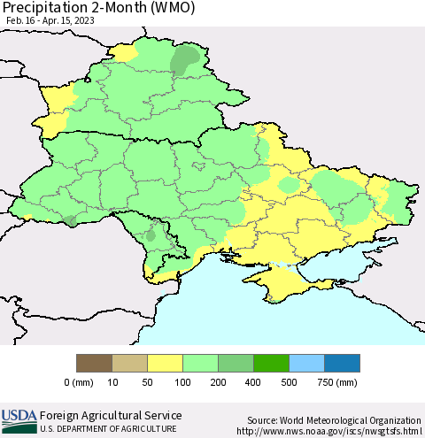 Ukraine, Moldova and Belarus Precipitation 2-Month (WMO) Thematic Map For 2/16/2023 - 4/15/2023