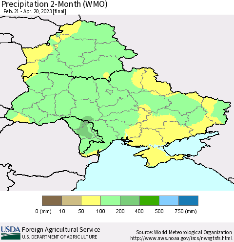Ukraine, Moldova and Belarus Precipitation 2-Month (WMO) Thematic Map For 2/21/2023 - 4/20/2023