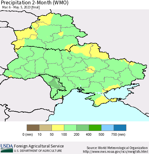 Ukraine, Moldova and Belarus Precipitation 2-Month (WMO) Thematic Map For 3/6/2023 - 5/5/2023