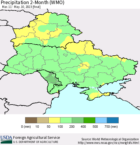 Ukraine, Moldova and Belarus Precipitation 2-Month (WMO) Thematic Map For 3/11/2023 - 5/10/2023