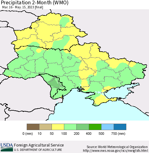 Ukraine, Moldova and Belarus Precipitation 2-Month (WMO) Thematic Map For 3/16/2023 - 5/15/2023