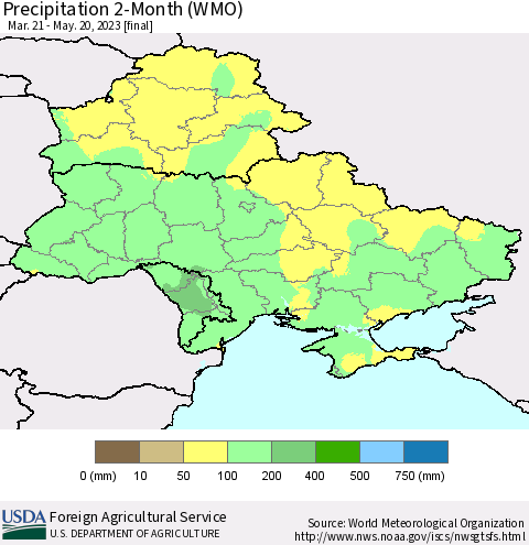 Ukraine, Moldova and Belarus Precipitation 2-Month (WMO) Thematic Map For 3/21/2023 - 5/20/2023
