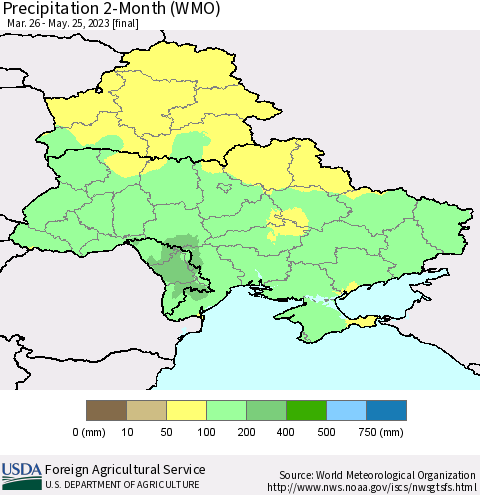 Ukraine, Moldova and Belarus Precipitation 2-Month (WMO) Thematic Map For 3/26/2023 - 5/25/2023