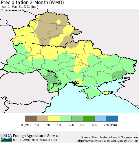 Ukraine, Moldova and Belarus Precipitation 2-Month (WMO) Thematic Map For 4/1/2023 - 5/31/2023