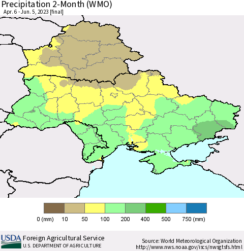 Ukraine, Moldova and Belarus Precipitation 2-Month (WMO) Thematic Map For 4/6/2023 - 6/5/2023