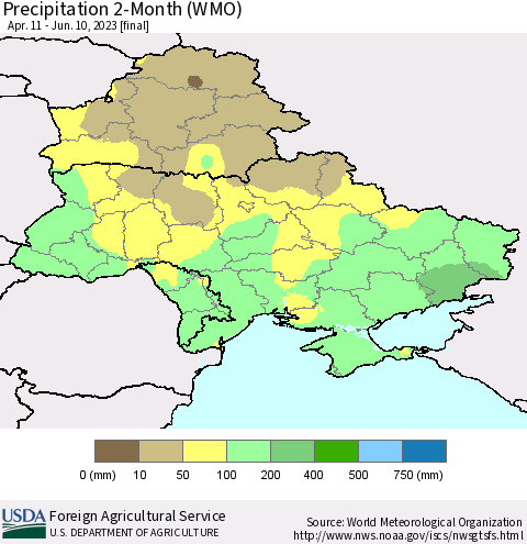 Ukraine, Moldova and Belarus Precipitation 2-Month (WMO) Thematic Map For 4/11/2023 - 6/10/2023